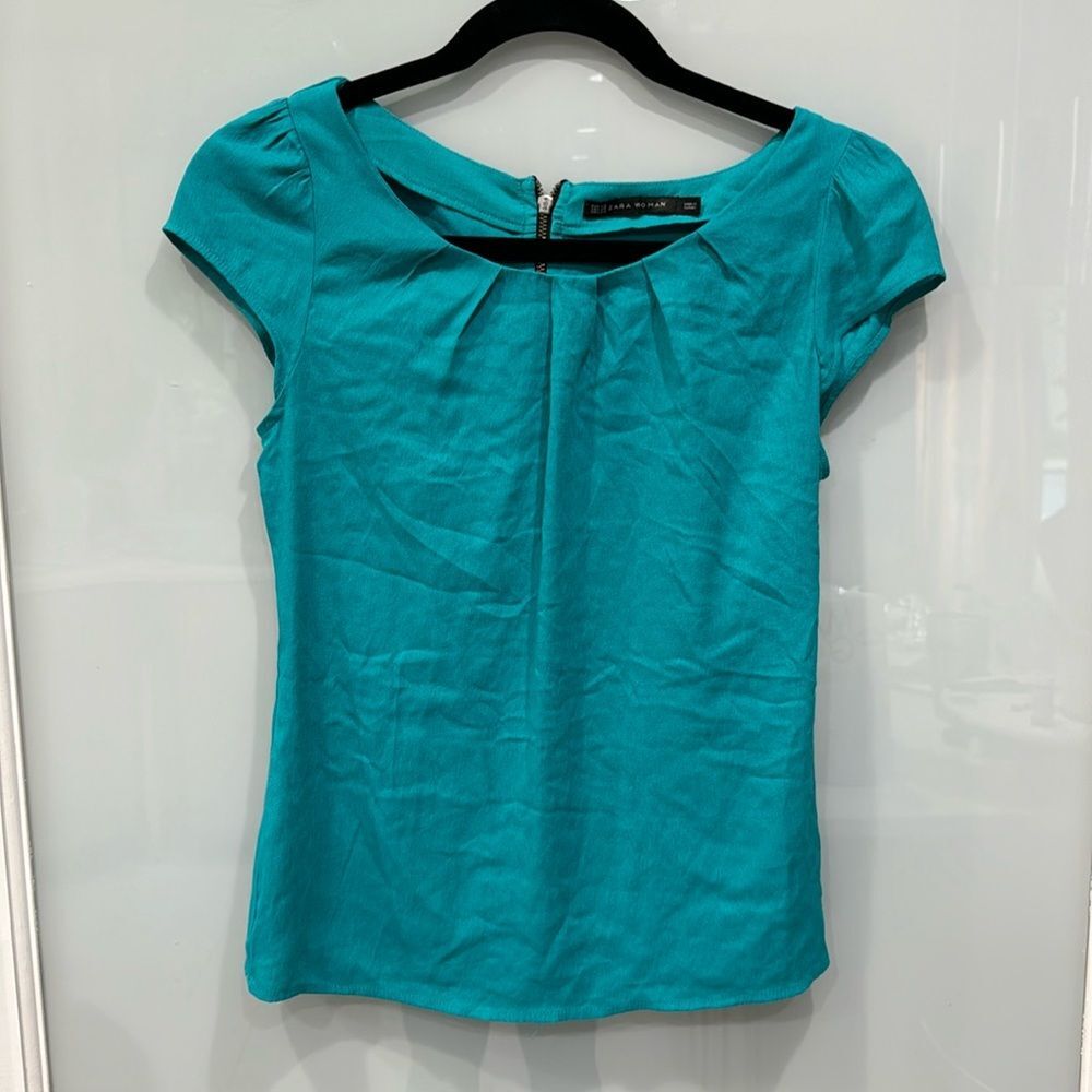 Zara Women's Light Blue Turquoise Short Sleeve Shirt Blouse Top Sz XS